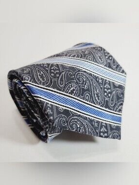 Platinum Designs Blue & Gray Paisley Stripe Pattern Men's Silk Neck Tie
